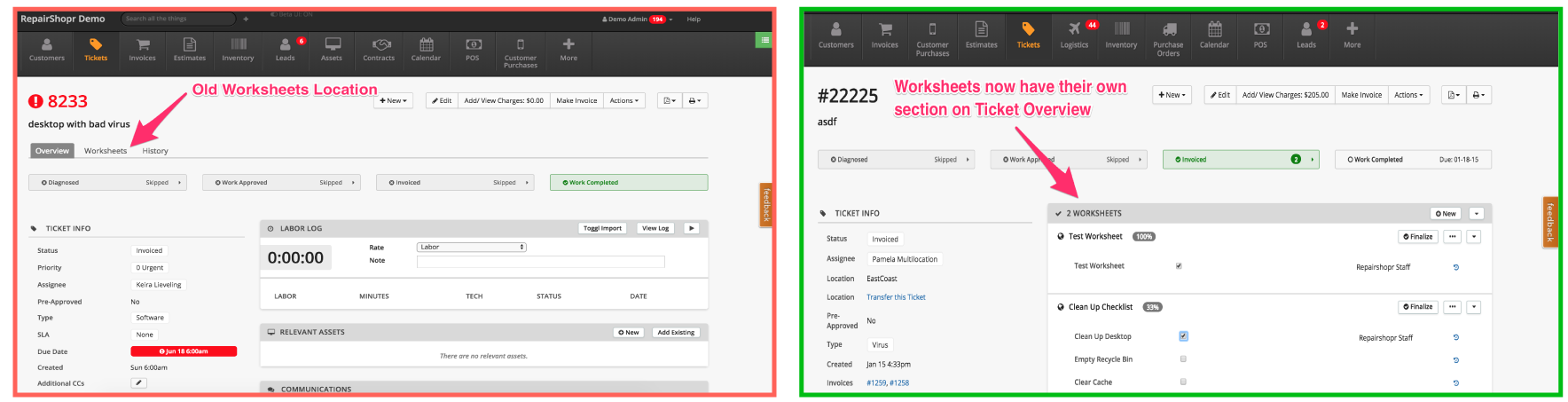 Worksheets now in own section in Ticket Overview 