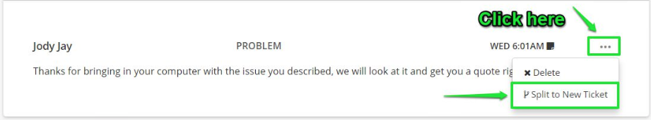 Ticketing Splitting from Comments Action Menu