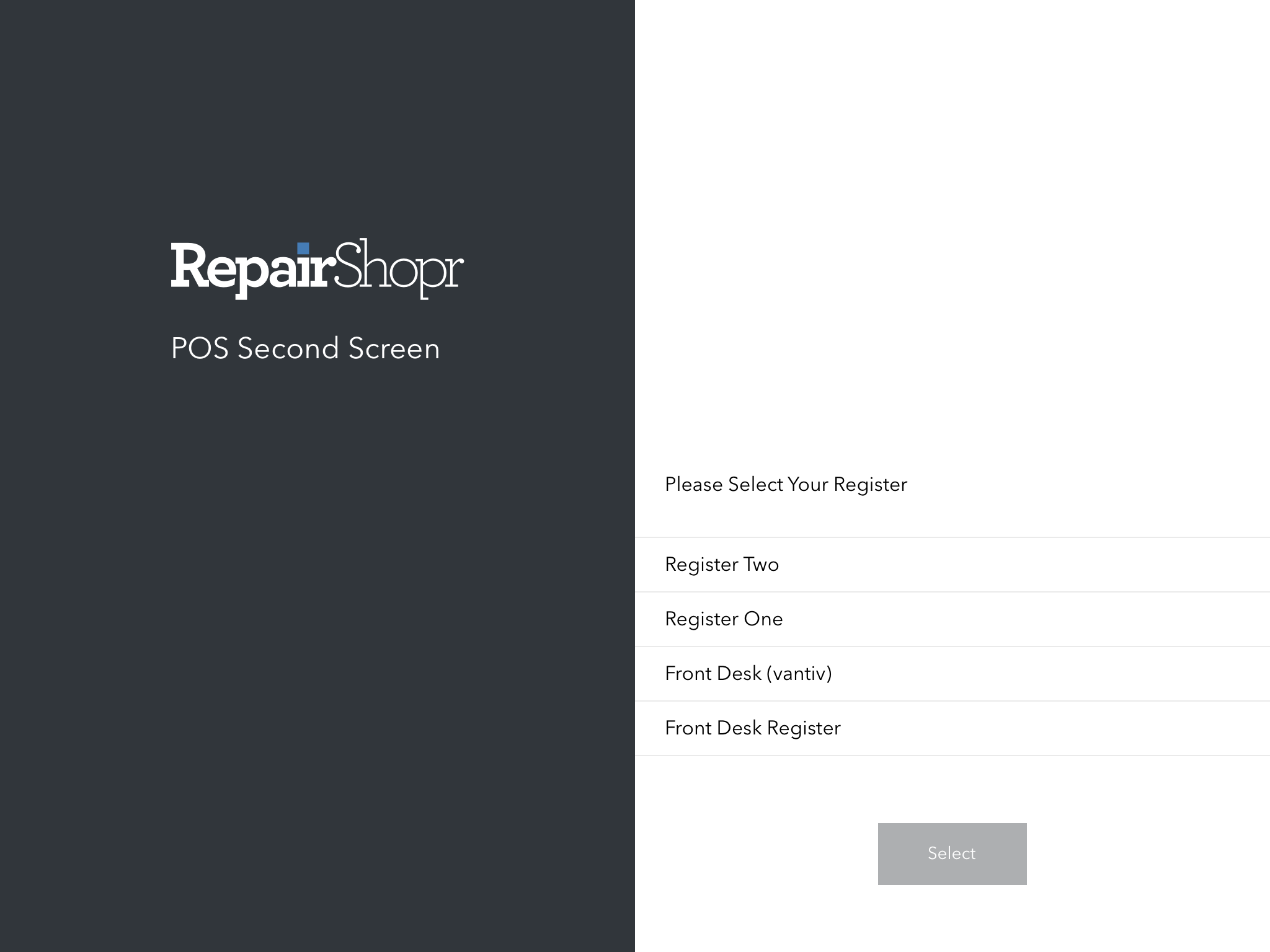 Choosing a Register in the POS Second Screen App