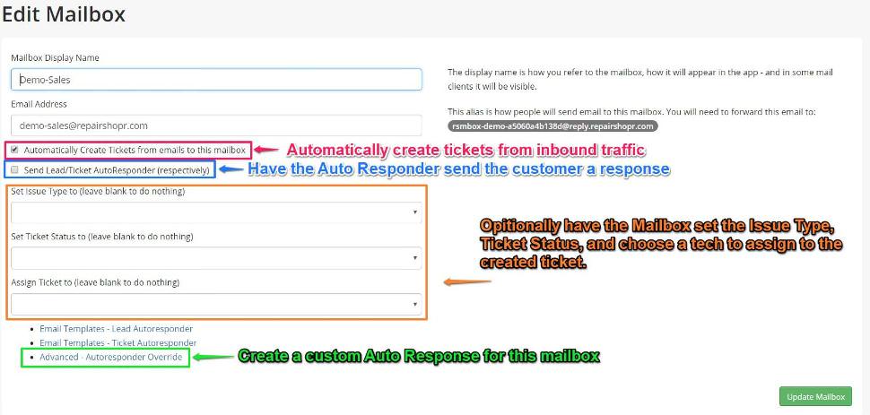 Mailboxes can have Ticket Status and Issue Type Assigned